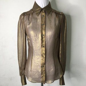 Karen Millen Sheer Metallic Brown Blouse Button Down Size 4